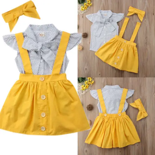 

emmababy Toddler Kids Baby Girls clothes set dot bowT-shirt Tops+overall button Skirt 2PCS Sets
