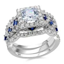 Nuevo 3 Unids Sólida Plata de ley 925 de Halo Anillo de Bodas Establece Princesa Cut CZ Joyería De Moda Para Las Mujeres