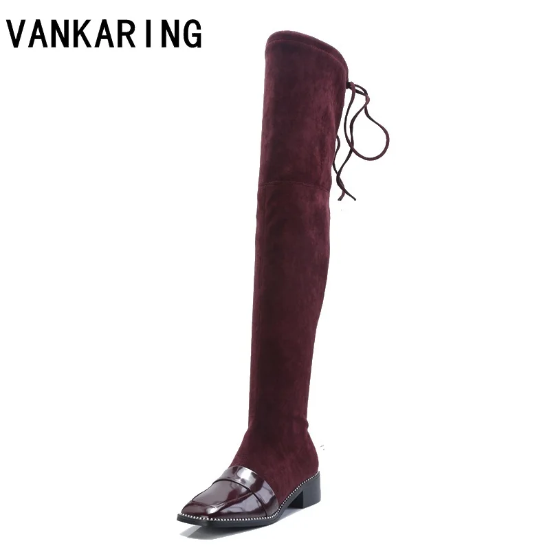 

brand shoes fashion square toe stretch long boots women slip on high heels elastic sock botas female over the knee boots woman