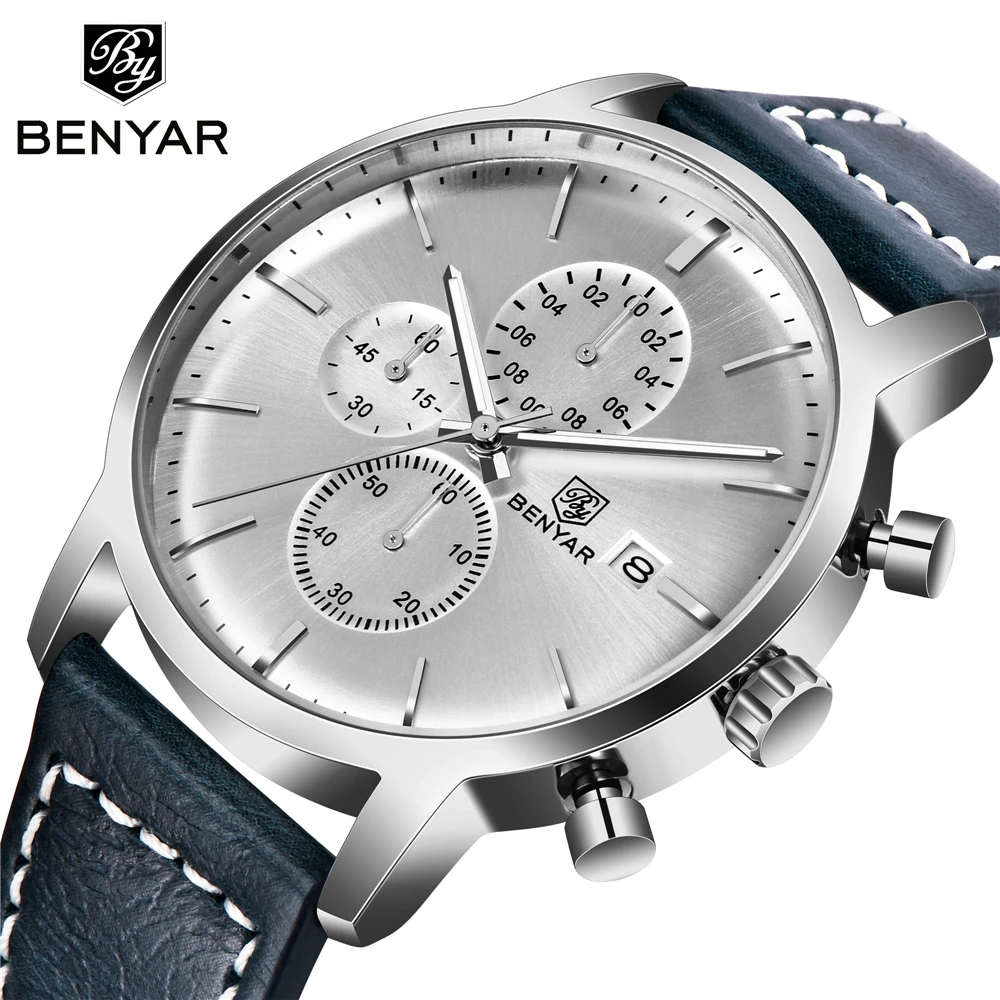 

2019New BENYAR Men's Watches Casual Fashion Chronograph30M WaterproofSport Watches Men Leather Wristwatch Mens Reloj Hombre Gift