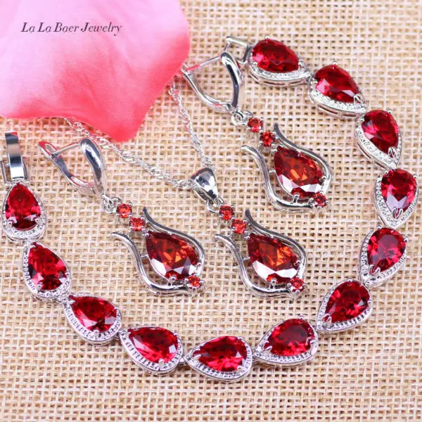

L&B Best Birthday Present Red Imitation Garnet 952 Silver Color 3Pcs Bracelets Jewelry Sets For Women