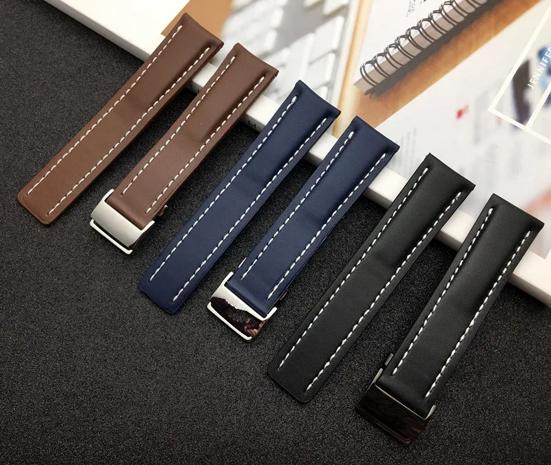 

High Quality Black Brown Genuine Leather Watch band 20mm 22mm 24mm watchband For navitimer/avenger/Breitling strap Buckle Logo