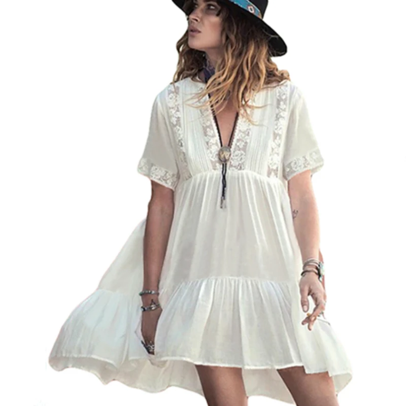 

Bsubseach New Fashion Summer Women Boho Bikini Cover Up Casual V-Neck Half Sleeve Lacework Trim Short Holiday Beach Dress 2019