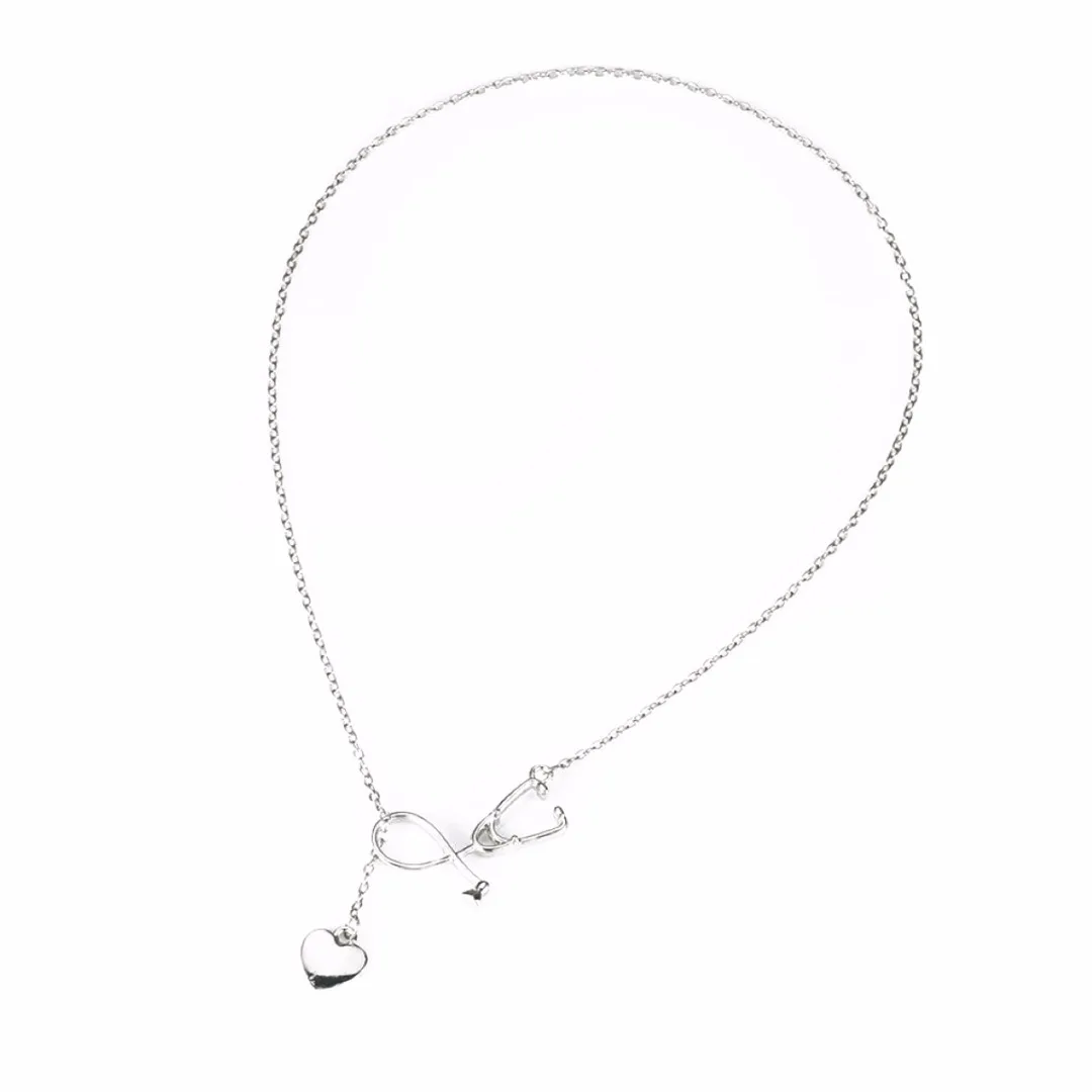 4 Colors Doctor Nurse Stethoscope Lariat Heart Pendant Chain Necklace Jewelry
