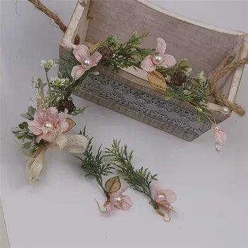 

Bride's Handmade Headdress Forest Simulated Leaf Flower garland Pearl Earrings Hair Ornament Wedding hair jewerly