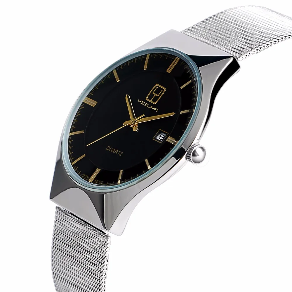 Tanie YISUAY luksusowe markowe zegarki męskie Ultra cienka siatka ze stali nierdzewnej kwarcowy zegarek na rękę męski kalendarz biznesowy zegarek 2017