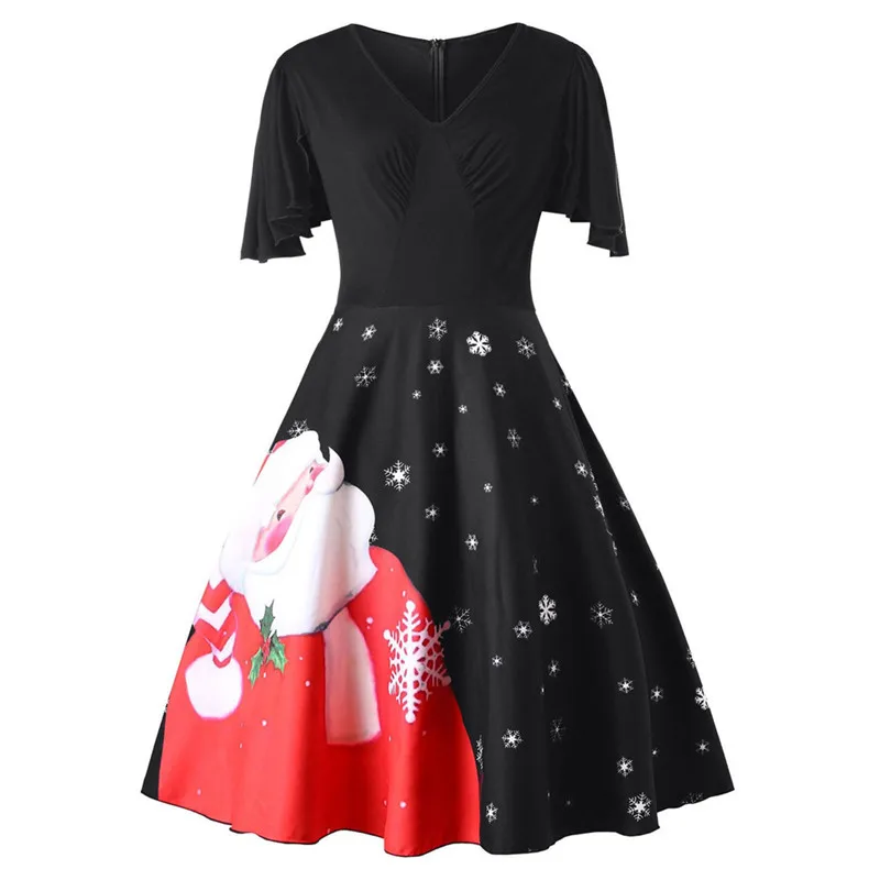 

Fashion Women Plus Size Dress Christmas Santa Claus V-Neck Short sleeves Party Vintage spring autumn causal A-Line Dress #SA