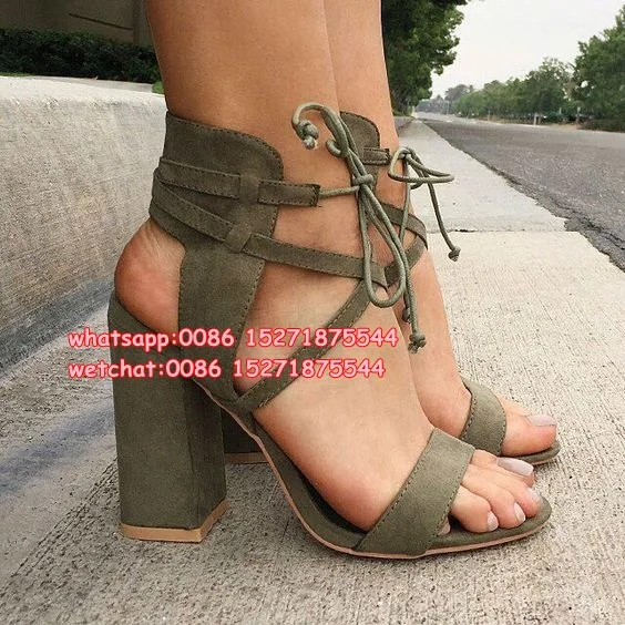 Factory Price Chunky Heels Tie Up Lady Suede Sandals Rome Style Ankle Wrap Army Green Sandals 