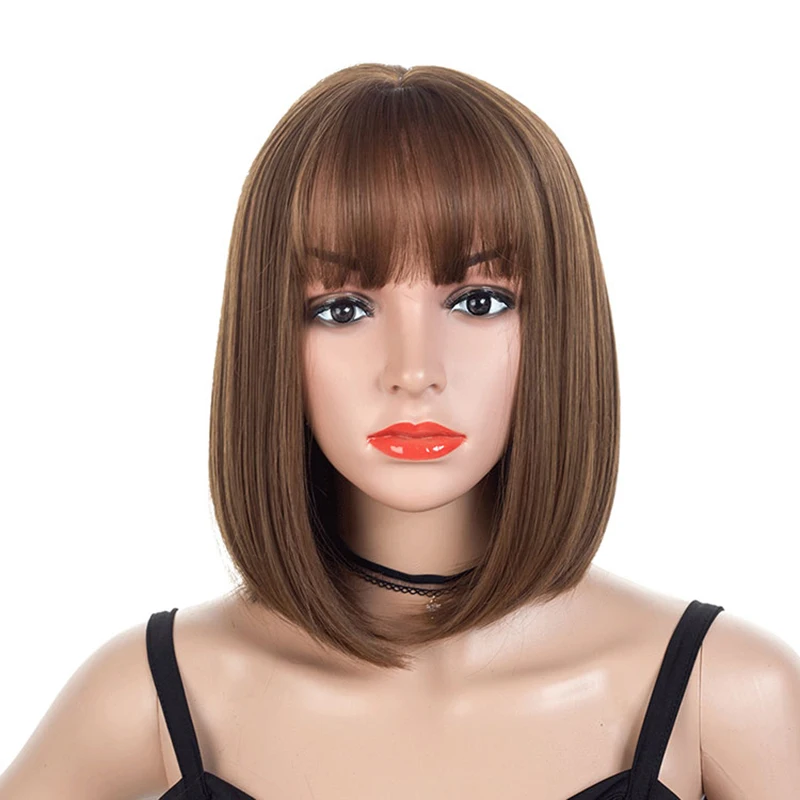 

Synthetic short straight bob wig with bangs shoulder length cosplay wig for ladies