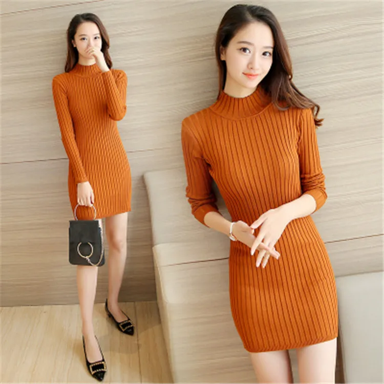 2017 Autumn&Winter Women Knitted Dress Slim Sexy Solid Half Turtleneck Long Sleeve Sweater Dress White And Black Underwear Dress