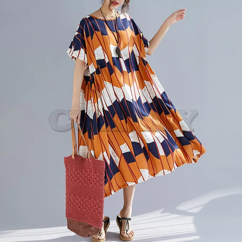 Image CUERLY Plus Size Women Dress Summer Sundress Linen Print Patchwork Big Size Female Lady CUERLY Loose Casual Beach Dress 2019