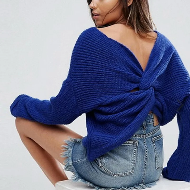 CALOFE, сексуальный пуловер с v-образным вырезом и длинным рукавом, уличный витой свитер, повседневный женский осенний зимний вязаный свитер, модный - Цвет: blue