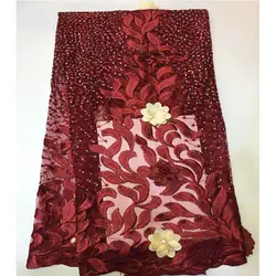 2018 красный африканский кружевная ткань с вышивкой бисером 3D кружева с Бусины кружева аппликации для платье ZX-4536