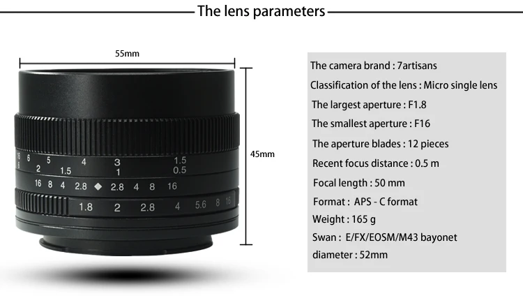 7artisans широкоугольный объектив с апертурой 50 мм f1.8 портрет ручная фокусировка микро Камера объектив подходит для цифровой однообъективной зеркальной камеры Canon eos-m крепление E-Mount DSLR камер Fuji FX-сумму