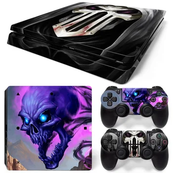 

pink and blue skulls with grey background skin sticker for PS4 slim console and two controller covers #TN-P4Slim-0154