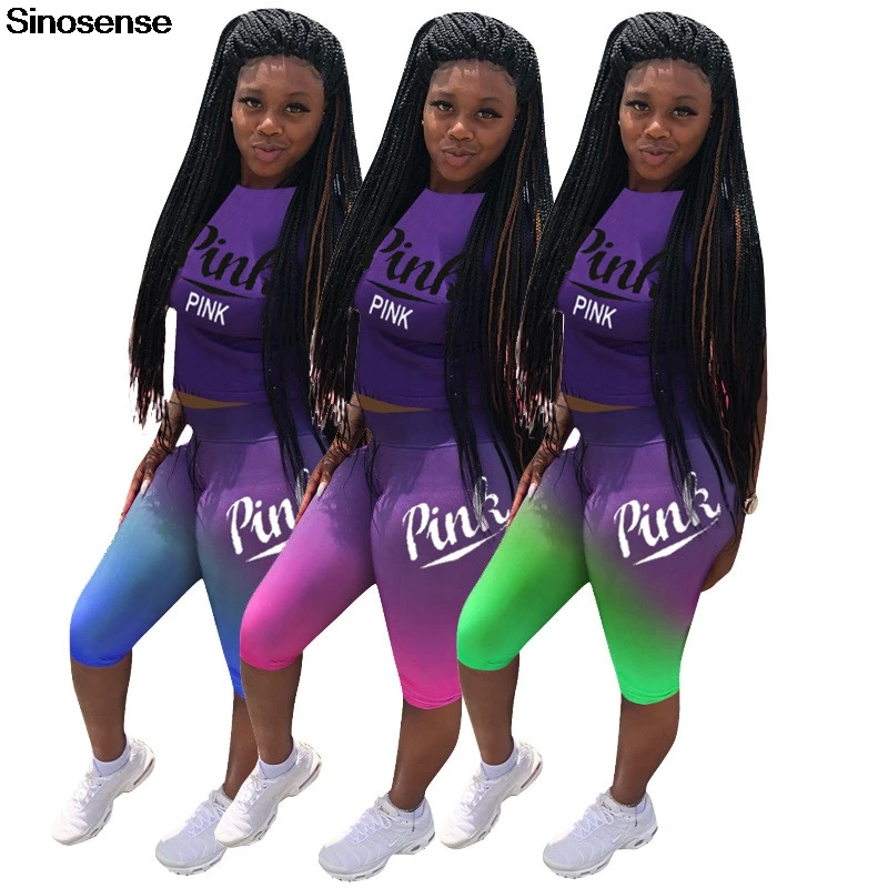 

New Summer Gradient Two Piece Set Women Sportswear Tracksuit 2019 Short Sleeve T-shirts Tops And Biker Shorts Casual 2 Piece Set