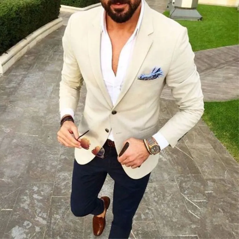 Custom Made Men Suit Beige Blazer Navy Blue Pants 2 Piece Groom Tuxedos