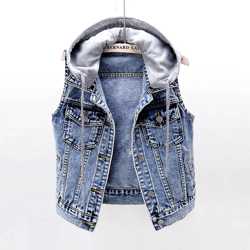 

Plus size 5XL Spring Summer Denim Vest Women Waistcoat Big size Slim Hooded Jeans Vest Sleeveless Jacket Women Short Coat Mujer