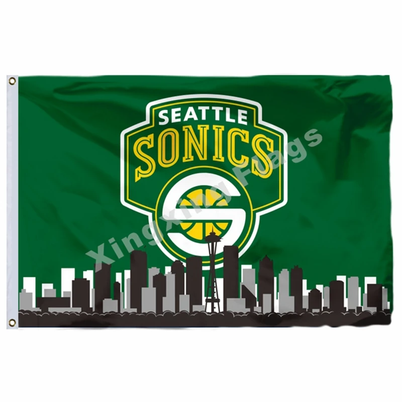 Seattle Sonics Seattle Skyline Flag 3ft X 5ft Polyester NBA1 Team Banner Flying Size No.4 90