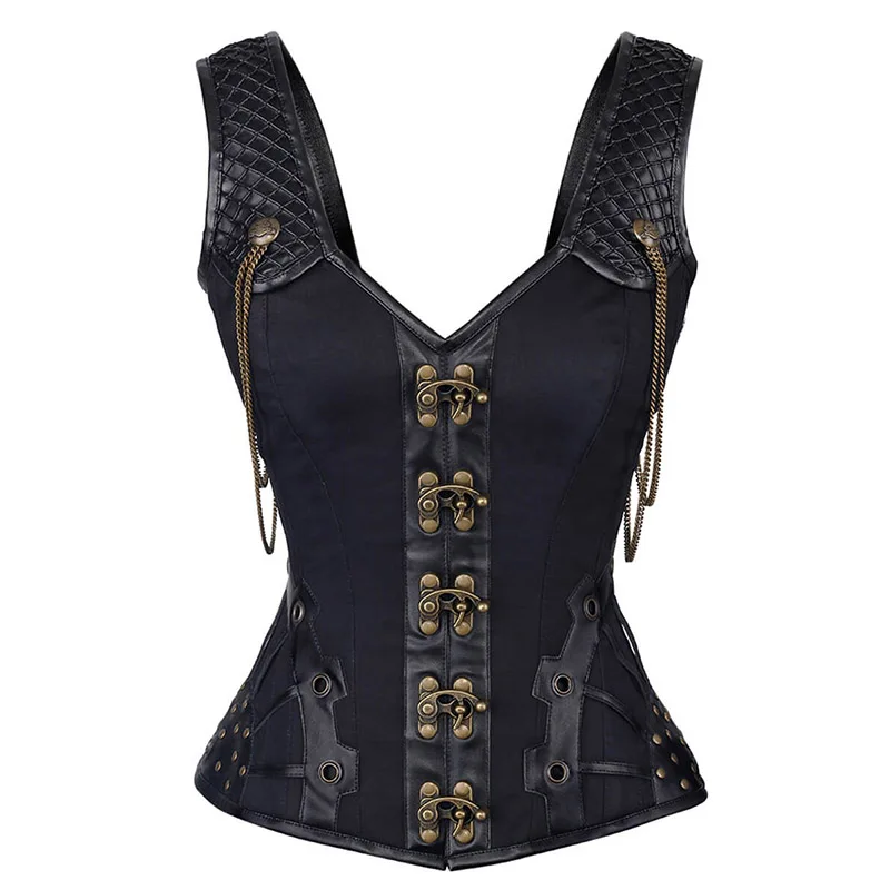 Gothic Women Steampunk Corset Sexy Black Buckle Brocade Corsage Vintage Slimming Waist Metal Clasp Closure Chains Vest Corsetto (1)