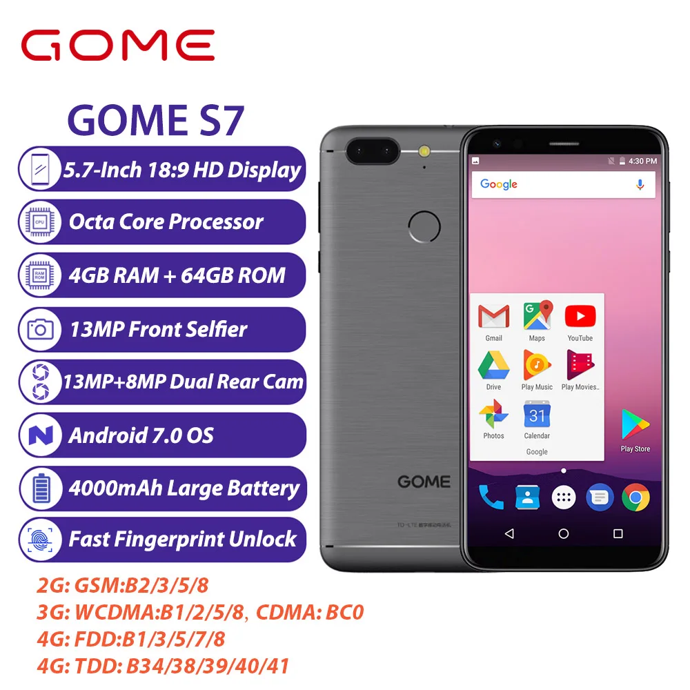 GOME S7 мобильный телефон 4 Гб 64 Гб 5,7 дюймов 18:9 HD MT6750T Восьмиядерный Android 7 две sim-карты 13 МП+ 8 Мп 4000 мАч отпечаток пальца