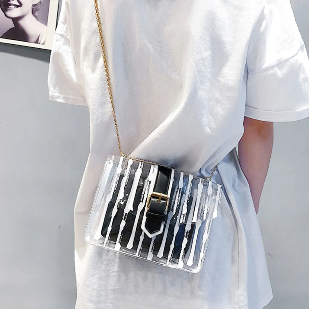 

Fashion Women Clear Bag Striped Crossbody Bag Chains Candy Color Jelly Messenger Bag 2Pcs Handbag Sac A Main Bandouliere Femme