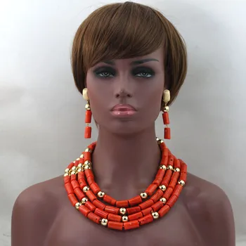 

Fabulous 4 Layers African Coral Bead Wedding Necklace Set Dubai New Women Bride Coral Jewelry New Free Shipping CNR601