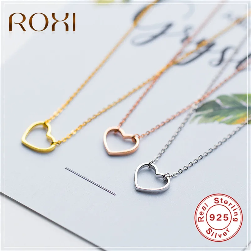 

ROXI Real 925 Sterling Silver Necklace Fine Jewelry Hollow Heart Pendant Necklace Cute Collier Femme Gift Girls collar mujer