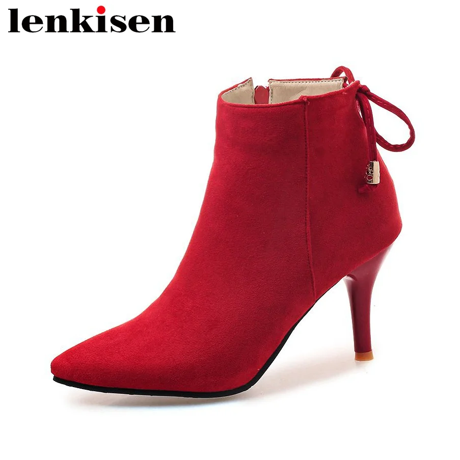 

Lenkisen bowtie ankle boots pointed toe zipper high thin heels large size high street fashion flock office women cozy shoes L10