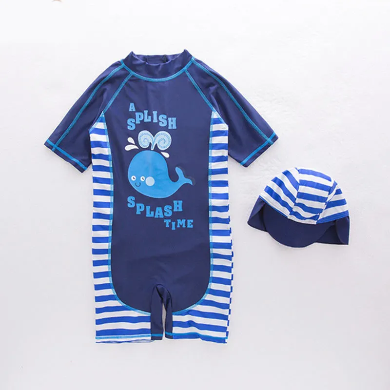 Toddler Baby Boy Swimwear Summer Beach Kids One-piece Swimsuit+Hat Set Children Boys Girls Holiday Fish Pattern Bath Suit