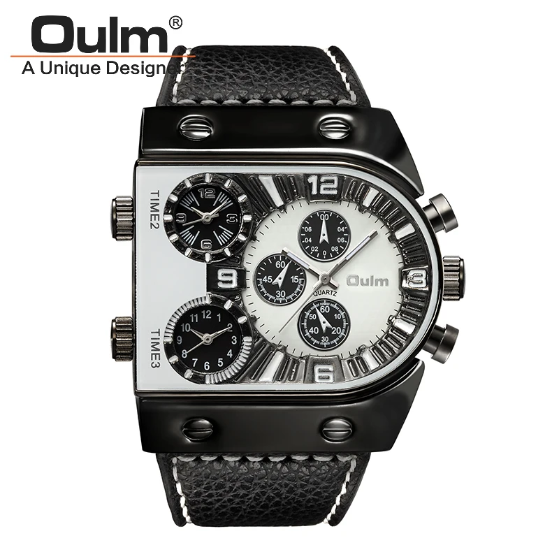 Модные Военные мужские часы из искусственной кожи роскошного бренда Oulm с несколькими часовыми поясами спортивные мужские кварцевые часы