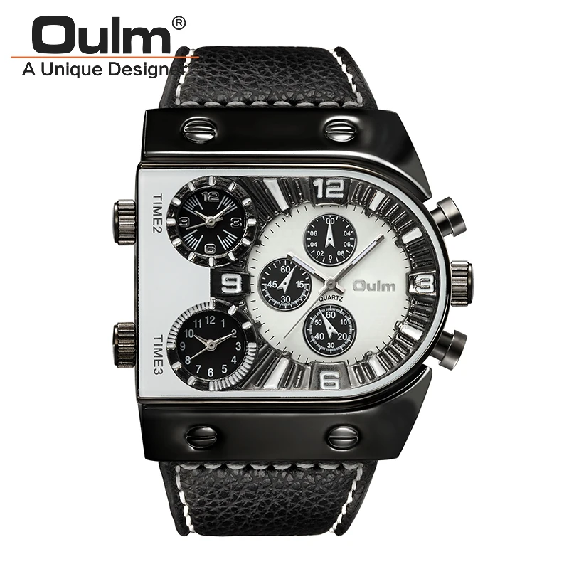  Fashion Military Mens Waches PU Leather Luxury Brand Oulm Multi-Time Zone Sport Men Quartz Watch