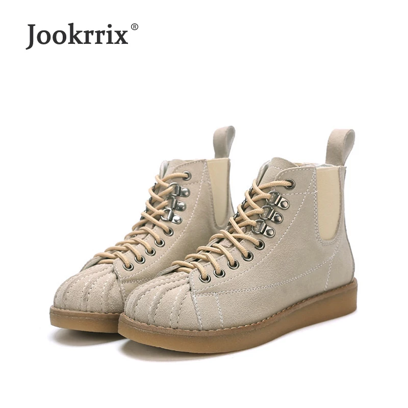 

Jookrrix 2018 Real Leather Shoes Women Brand Martin Boots Lady chaussure Winter Female footware Breathable Girl Flats Cross-tied