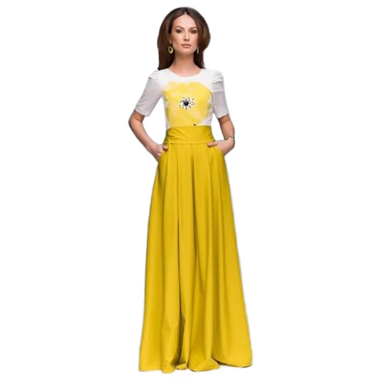 2017 New Design Women Long Yellow Dress Spring Summer Beautiful Flower