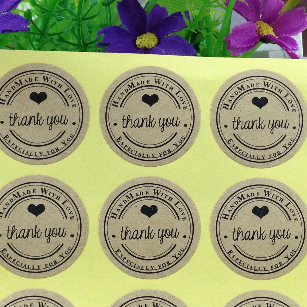 

100pcs kraft thank you sticke Handmade with Love Sticker Kraft Seal Label Sticker Thank You Circle Point Stickers for gift box