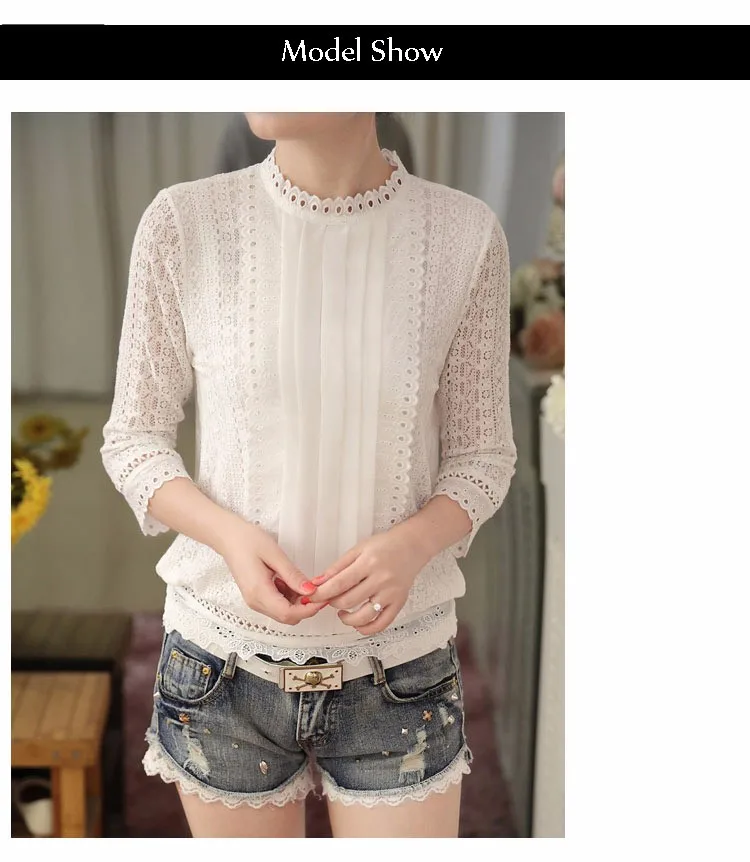women autumn casual white lace blouse 2016 fashion sexy 34 sleeve stand collar crochet tops summer korean shirt clothes A633 a