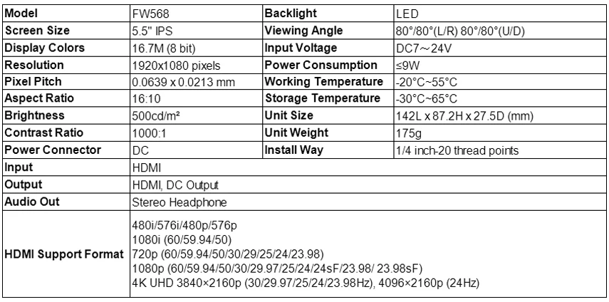 FEELWORLD FW568 5,5 дюймов 4K HDMI на камеру поле DSLR монитор маленький Full HD 1920x1080 ips видео фокус+ NP750 батарея+ зарядное устройство