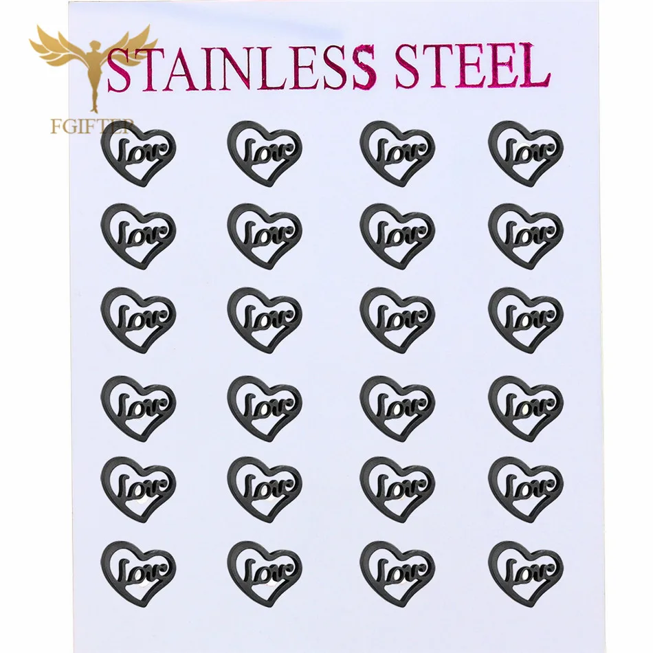 

FGifter Black Stainless Steel Earrings Wholesale 12 Pairs Lot Hollow Love Heart Earrings for Women Lady Girls Lovers