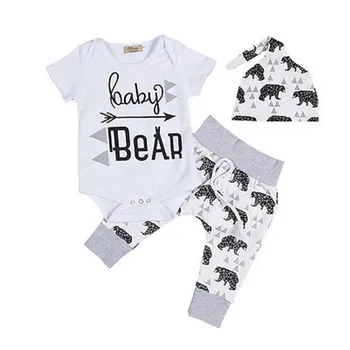 

Casual Toddler Girls Boy Baby Clothes Bear Romper Tops Pants Hat 3pcs Outfits Baby Clothing Set 0-18M