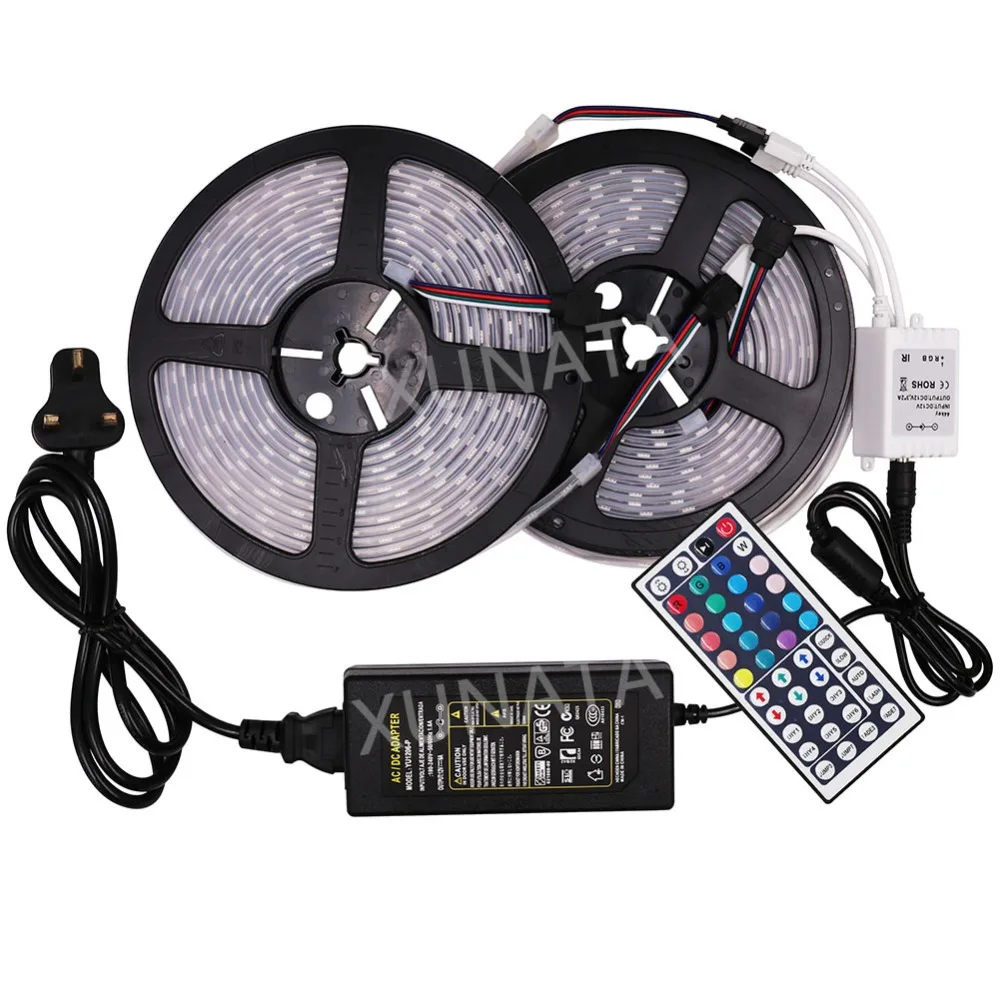 DC12V светодиодный лента SMD 5050 60 Светодиодный s/m IP65 IP67 Гибкая Водонепроницаемая RGB Светодиодные ленты свет + EU/US/UK/разъем АС + 44Key удаленного