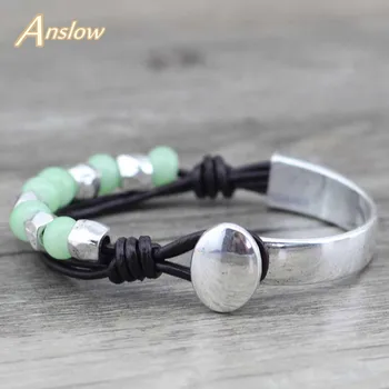 

Anslow Brand Top Quality New Design Vintage Style Beads Antique Silver Plated Leather Bracelet Wholesale LOW0469LB