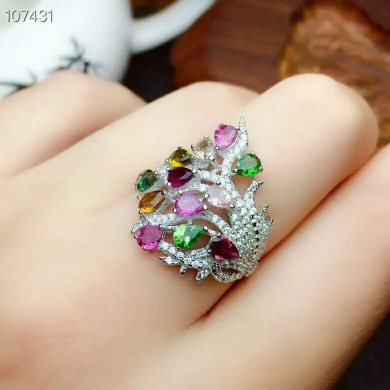 [MeiBaPJ натуральный турмалин драгоценный камень Мода красочный камень цветок кольцо для женщин Настоящее 925 пробы Серебряный Шарм ювелирные изделия