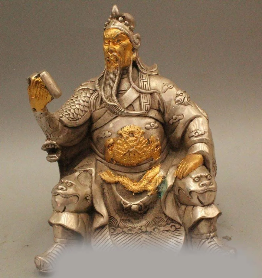 

7" Chinese Folk Silver Seat General Guan Gong Yu Warrior God Hand Book Statue