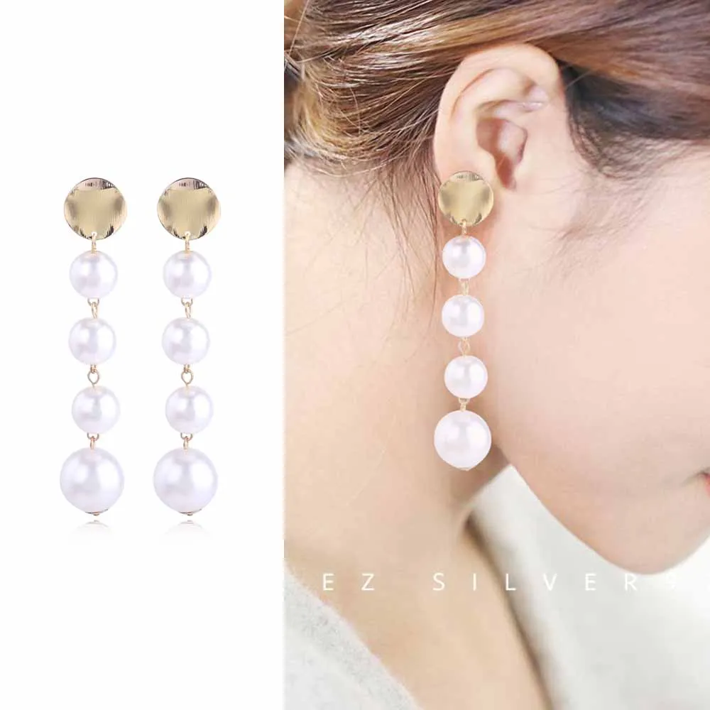 Trendy Elegant Big Simulated Pearl Alloy Sequins Long Earrings Pearls