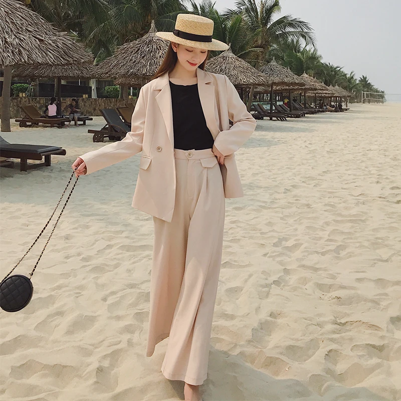 

New arrival women professional temperament double breasted fashion solid suit loose pant comfortable beach outdoor pant suits