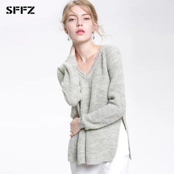 

SFFZ Autumn Women Knitted Sweater Fashion Wool Blend Split Pullover for Female Casual V-neck Knitted Blouse Lady Solid Tops