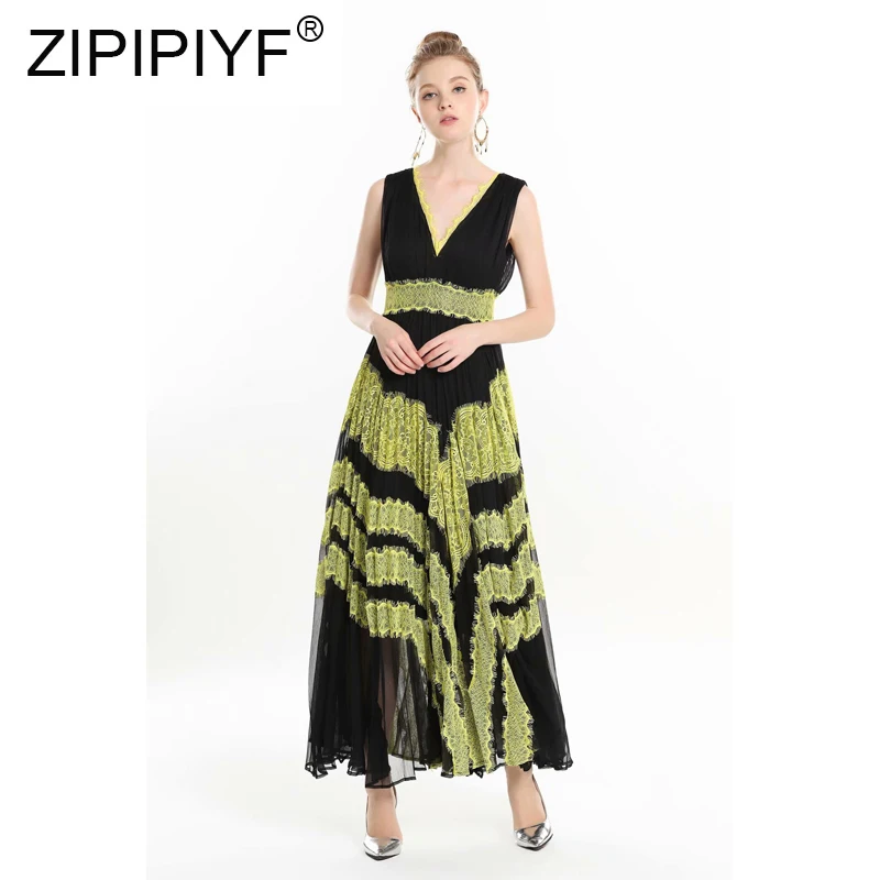 2019 Summer Dresses Lace Patchwork Sleeveless Striped Maxi Double V Neck Women Beach Long Pleated Z121 | Женская одежда