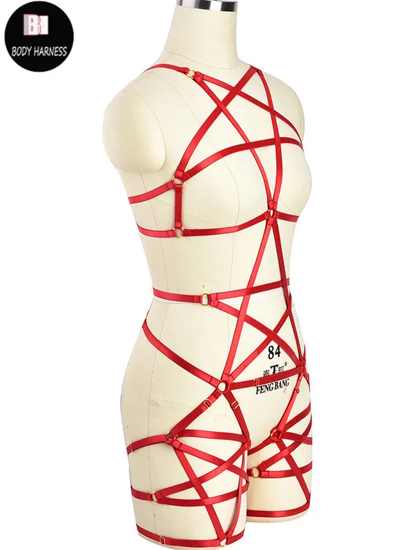 Goth Pentagram Body Harness Set Punk Pole Dance Harness Bra Rave Pentagram Leg Garter Belt Bondage Sexy Lingerie Body Cage