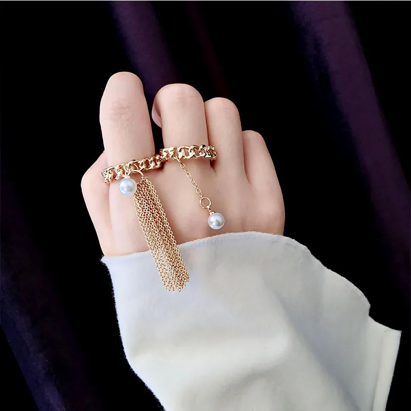 Golden Tassel Pearl Opening Ring For Women Exaggerated Hollow Retro