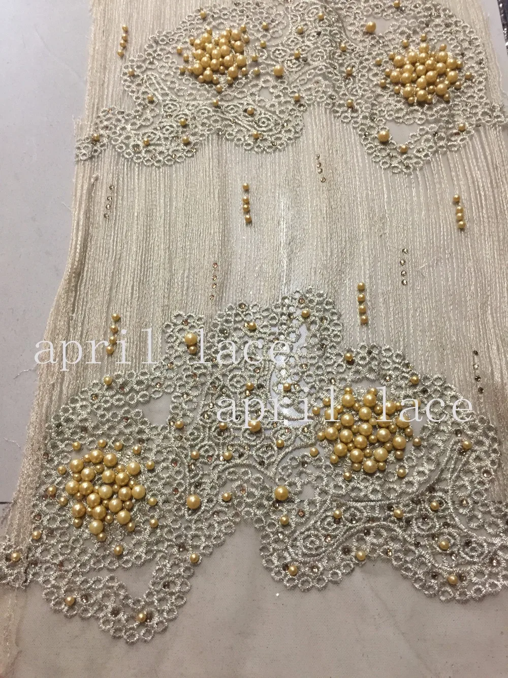 5yards ST001 luxury 3d GOLD pearls beads embroidery net mesh lace fabric for evening dress